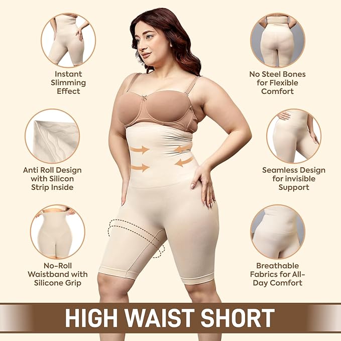 High Waist Shapewear for Women, Body Shaper Shorts with Silicone Grip, No Steel Bones Slimming Panties